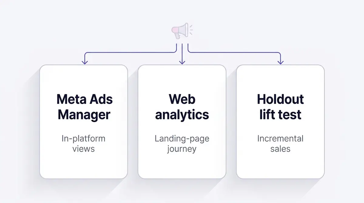 Comparison diagram contrasting what Meta Ads Manager, web analytics, and a holdout lift test each measure about the same campaign