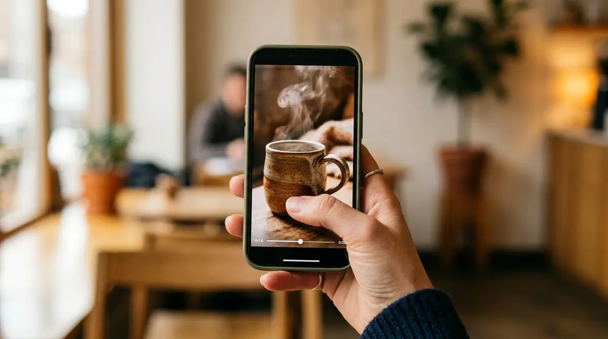 A phone held in one hand showing a vertical product video mid scroll, thumb paused over the screen, warm natural light