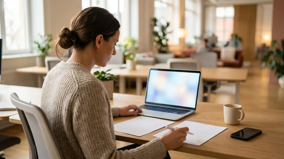 A marketer at a laptop comparing two spreadsheets of advertising metrics side by side in a calm modern office