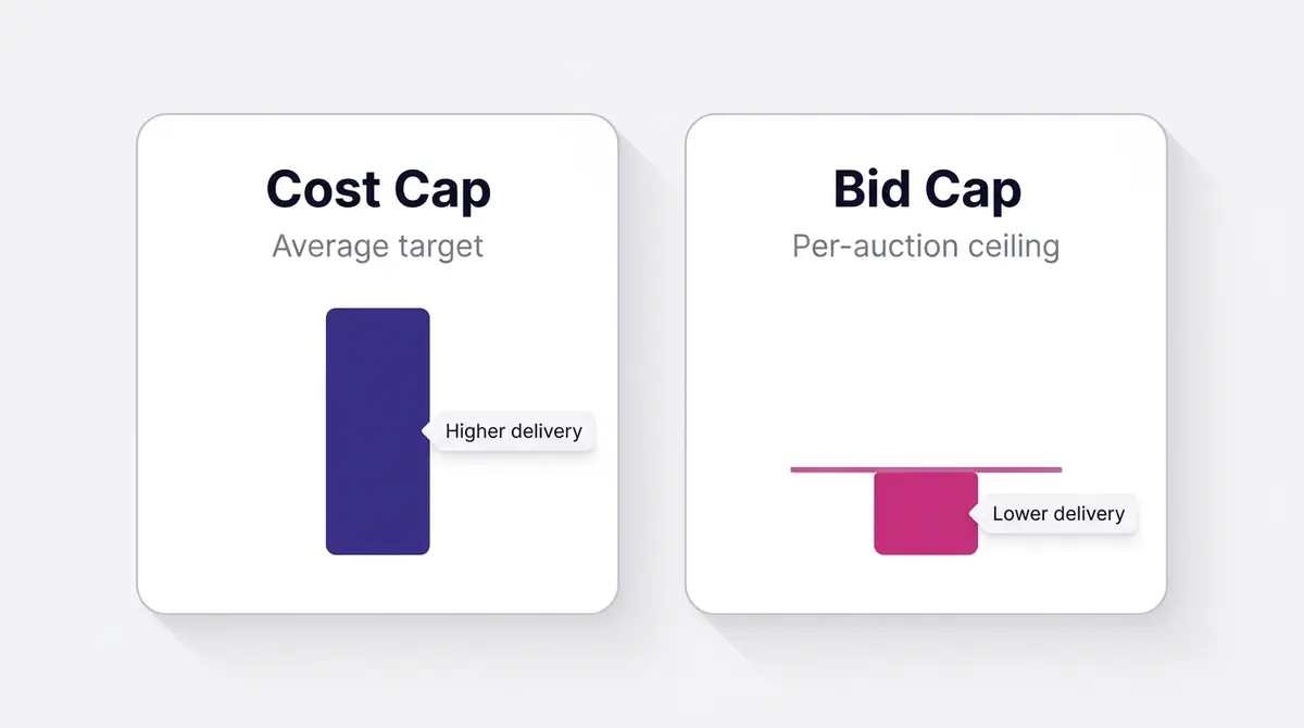 Side by side comparison cards contrasting cost cap as an average target across many conversions against bid cap as a hard ceiling on each single auction, with delivery volume shown as higher for cost cap and lower for bid cap