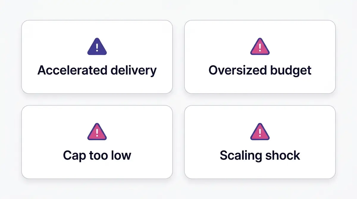 Diagram of the four causes of fast Facebook ad spend, each paired with its fix, arranged as four labelled cards