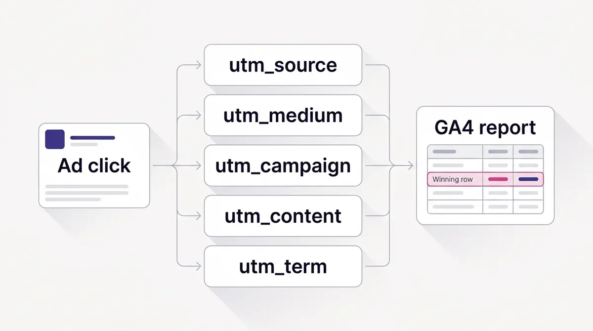 Diagram showing a Facebook ad click flowing through five labelled UTM parameters into a GA4 report that names the winning creative