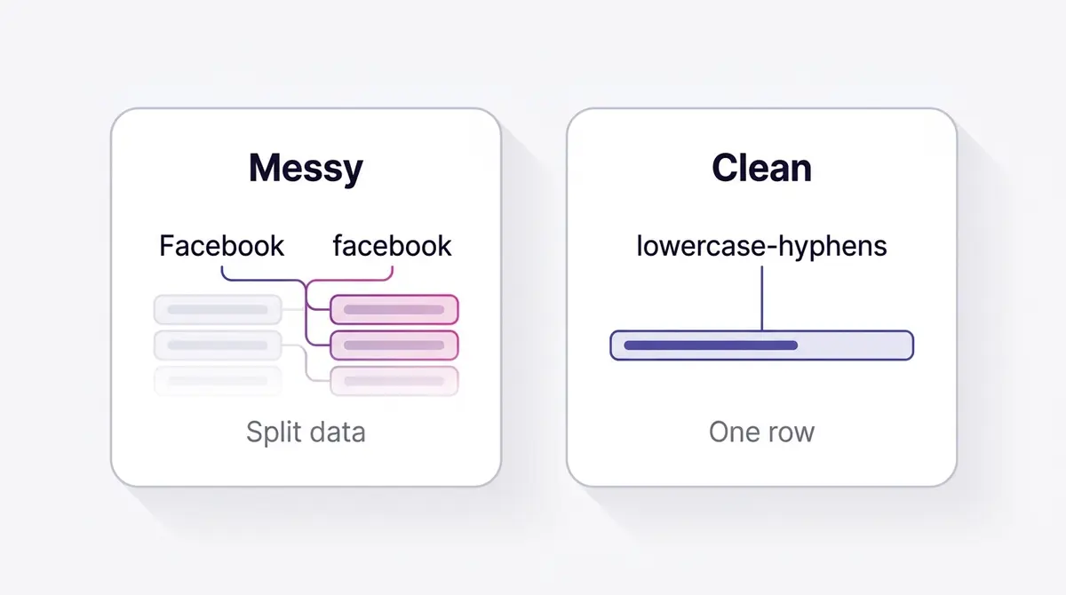 Diagram contrasting a messy inconsistent UTM naming scheme against a clean lowercase hyphenated convention that produces a single accurate GA4 row