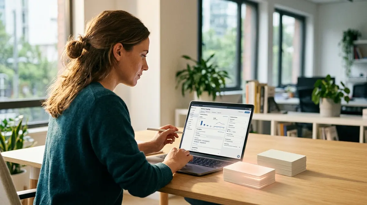 A marketer studying a Facebook Ads Manager audience panel on a laptop in a warm office, two stacks of settings cards beside the screen, one stack labelled nothing and the other glowing softly