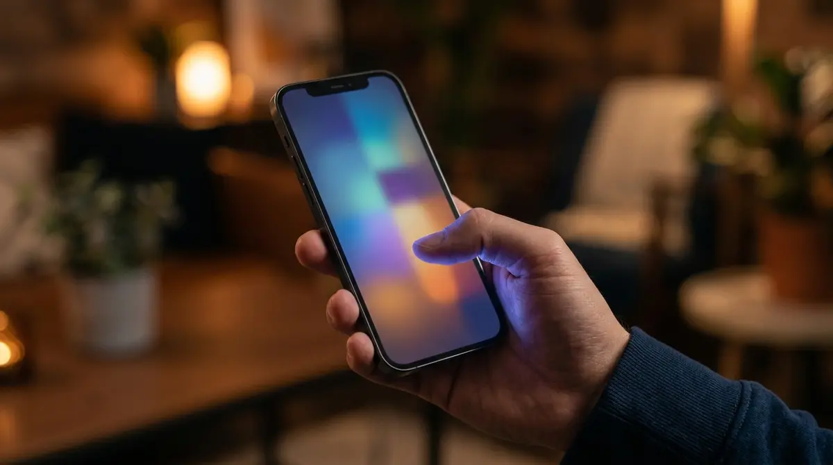 A close-up of a phone screen showing a Facebook ad set audience setting, a thumb hovering over a small link at the bottom of the section, soft indigo light from the screen