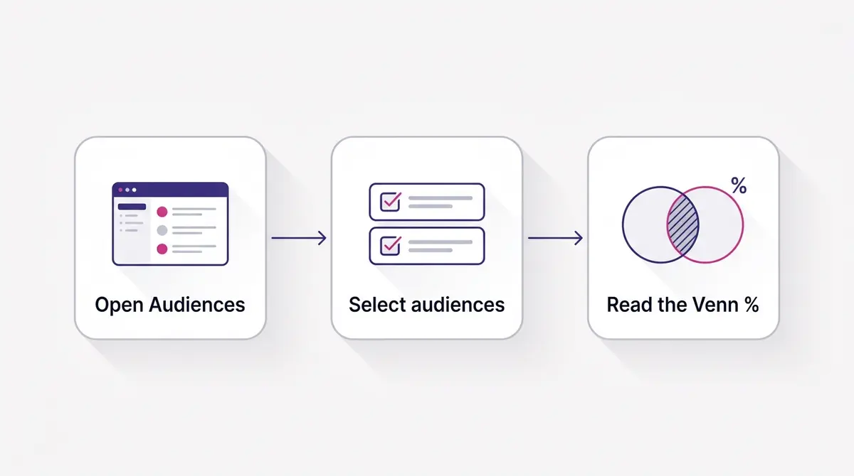 Three steps to check Facebook audience overlap in Meta Ads Manager, from the Audiences dashboard to selecting saved audiences to reading the Venn diagram percentage