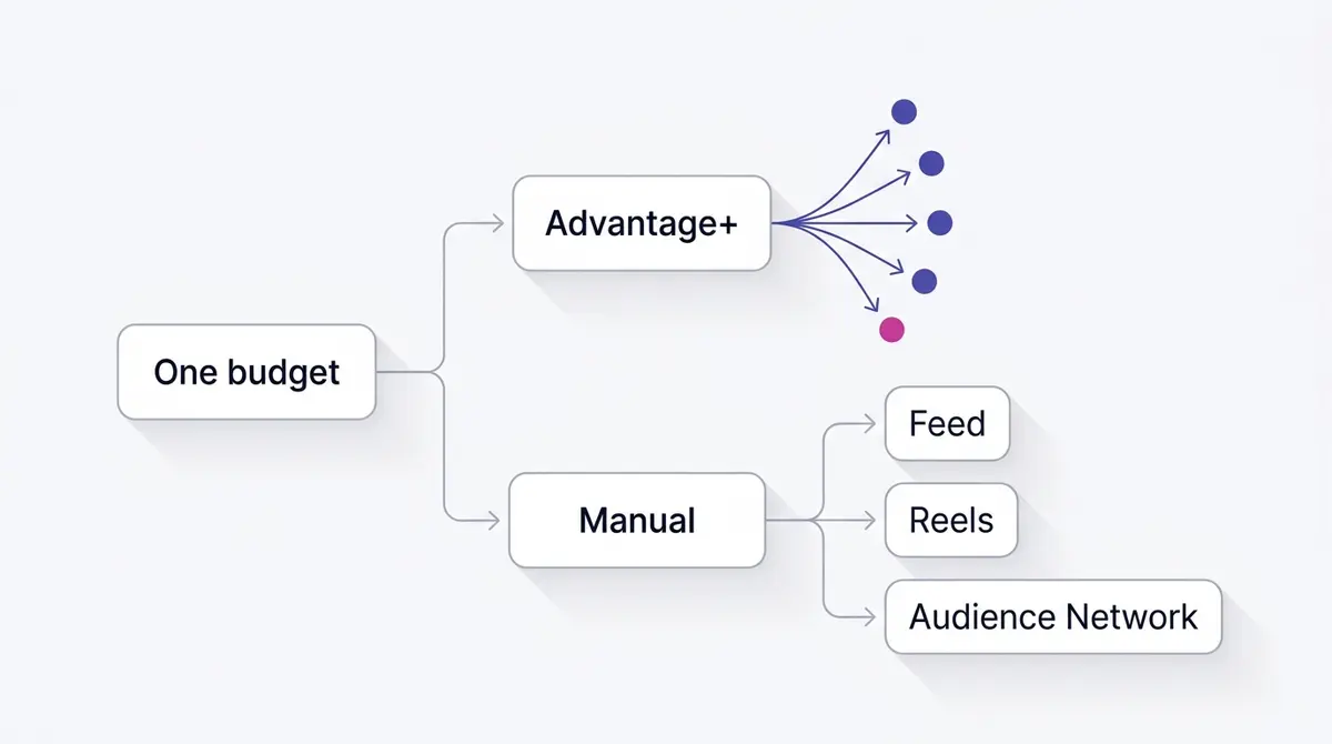 Flow diagram showing Advantage plus placements spreading one budget across Facebook Feed, Instagram Reels, Stories, Messenger and Audience Network, versus a manual setup restricted to two chosen surfaces