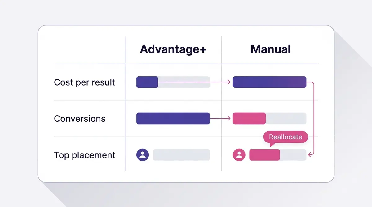 Two column results table comparing an Advantage plus ad set and a manual ad set on cost per result, conversions and the placement that carried each, with the weaker placement flagged for reallocation