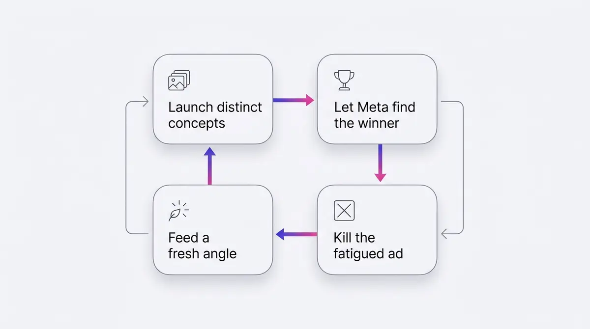 Light editorial diagram of a creative testing loop as four connected cards on a pale background: Launch distinct concepts, Let Meta find the winner, Kill the fatigued ad, Feed a fresh angle, with thin grey strokes and indigo-to-pink accents.
