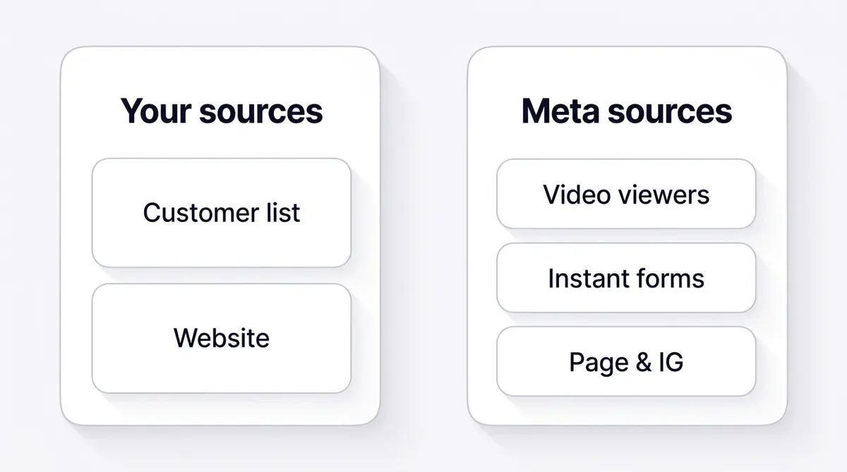 Diagram contrasting first-party your sources like customer list and website against Meta engagement sources like video viewers and instant forms, organised as labelled cards