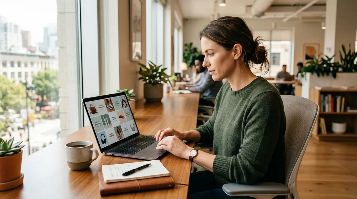 A marketer at a laptop reviewing a grid of product photos and short copy lines before launching an ad
