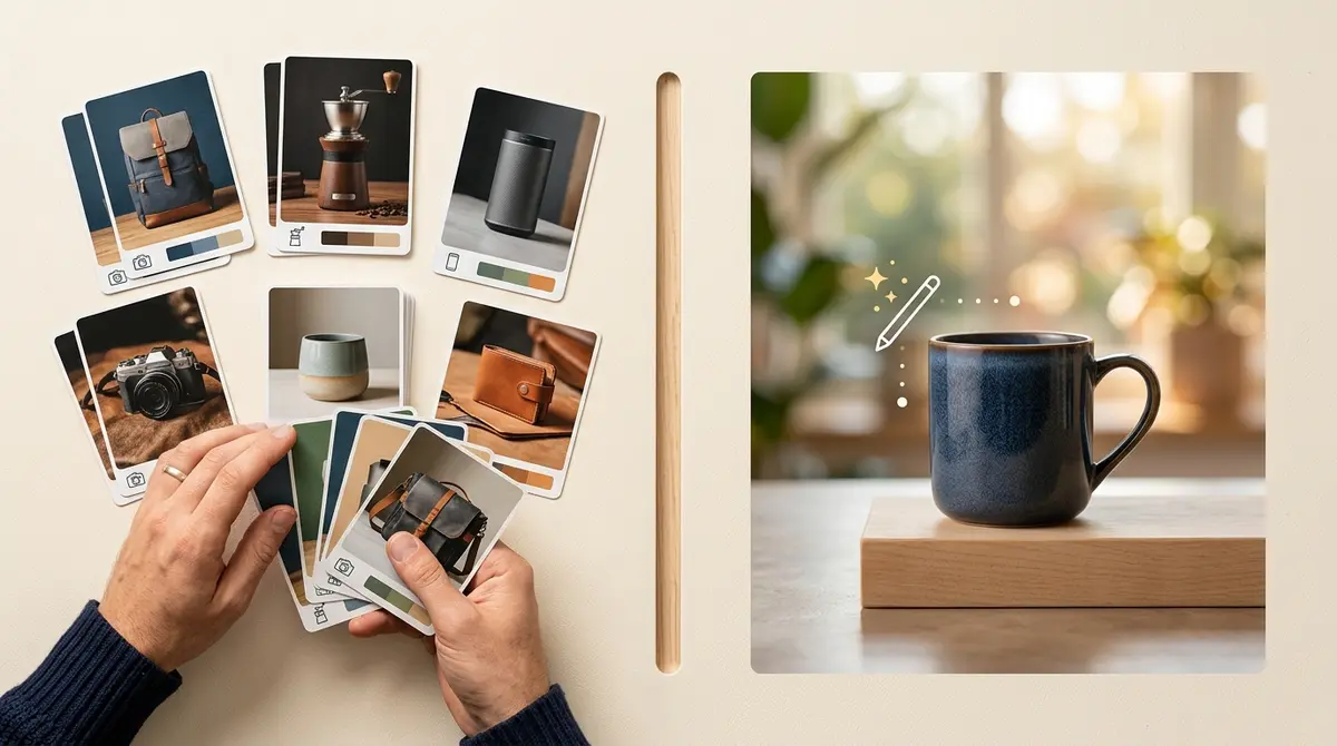 A split scene contrasting a set of separate product photos on one side with a single restyled image on the other