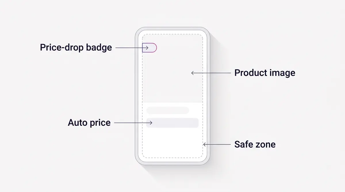Diagram showing a dynamic product ad card with labelled elements: product image from feed, auto-pulled price, a price-drop overlay badge, and the safe zone boundary
