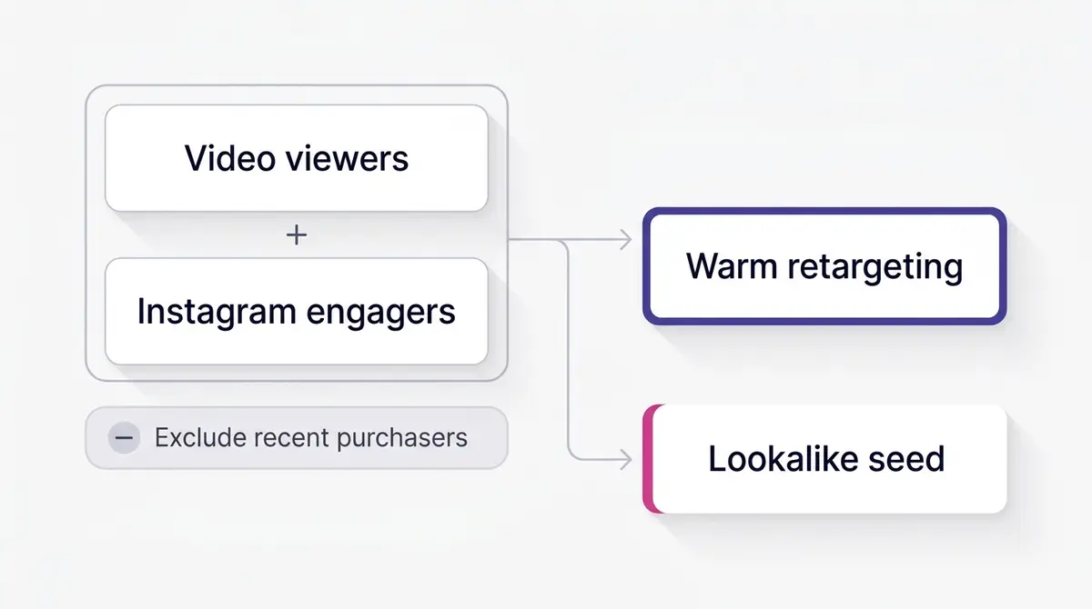 Diagram of an audience stack showing video viewers and Instagram engagers as inclusions with recent purchasers excluded, feeding a warm retargeting audience and a lookalike seed