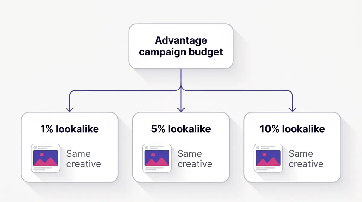 A three-ad-set test under one Advantage campaign budget with identical creative across 1 percent, 5 percent, and 10 percent lookalikes