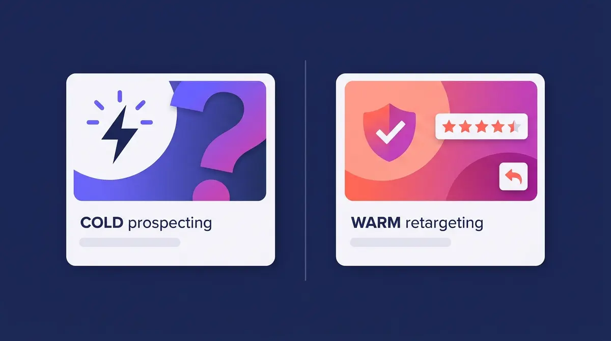 Editorial side-by-side comparison illustration contrasting a cold prospecting ad concept (a bold problem-introducing hook) against a warm retargeting ad concept (a proof and reassurance reminder), shown as two distinct creative cards.