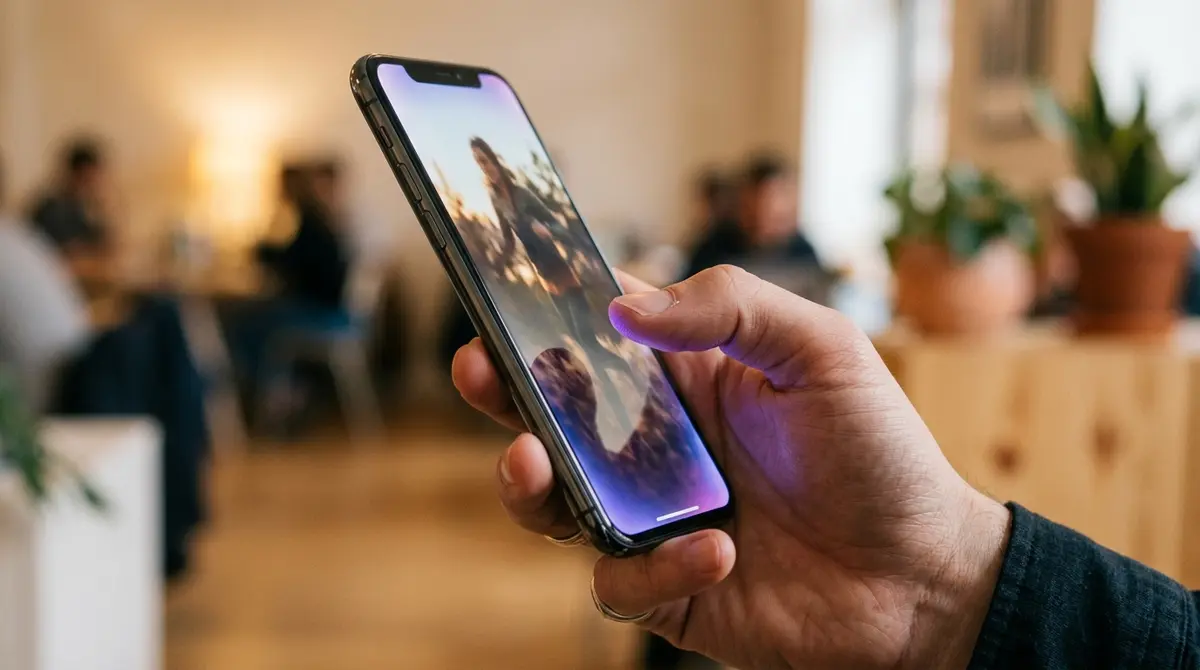 A thumb hovering over a phone screen mid-scroll, frozen in the opening seconds of a vertical video ad, the moment that decides whether the ad gets watched