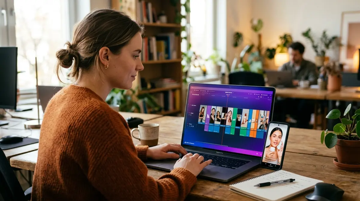 A marketer at a laptop comparing video clips of different lengths laid out on a timeline, choosing the right duration for a Facebook ad