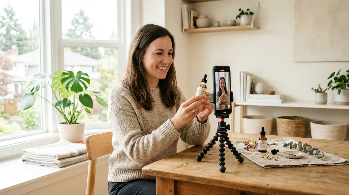 A short vertical video shot on a phone propped on a mini tripod by a window, a product staged in frame — the no-studio setup behind a Facebook video ad.