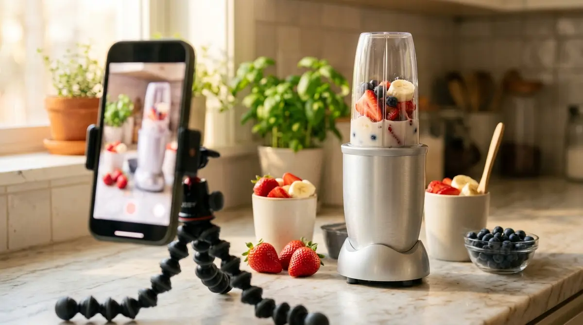 A vertical phone screen filming a smoothie blender on a kitchen counter with caption text inside the safe zone