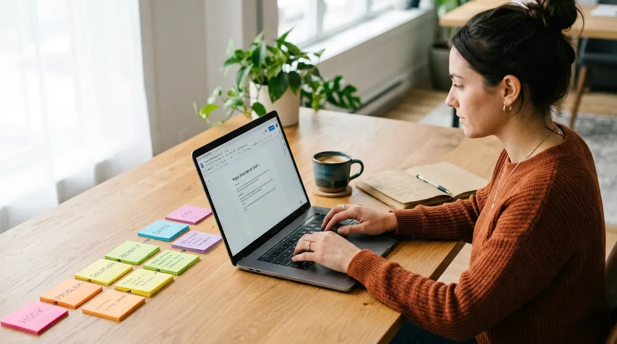 A marketer at a laptop writing a short video ad script in a simple document with sticky notes for each beat