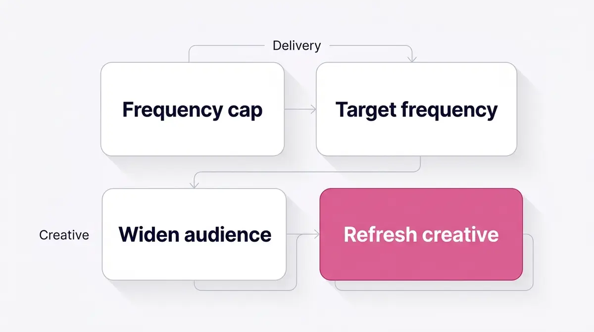 Two-by-two diagram of frequency controls: frequency cap and target frequency on the delivery side, widen audience and refresh creative on the creative side, with refresh creative highlighted as the most durable fix