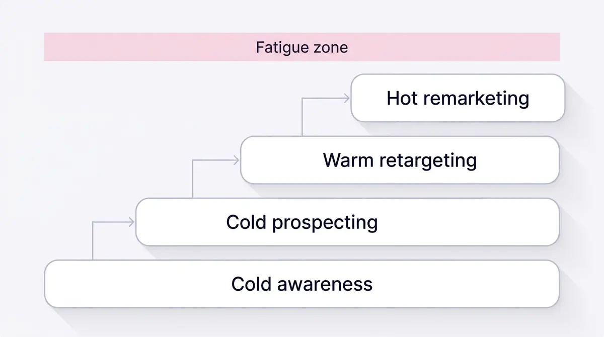 Diagram showing reasonable weekly Facebook ad frequency bands rising from cold awareness around two per week through cold prospecting and warm retargeting to hot remarketing, with a fatigue zone marked above the cold bands