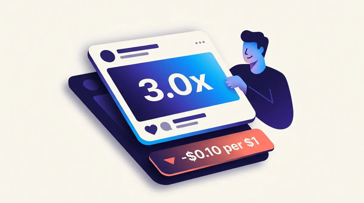 Editorial illustration of an advertiser reading a glowing ROAS figure on a feed-style card while a hidden margin line underneath reveals the campaign is actually below break-even, conveying that a strong-looking ROAS can quietly lose money.