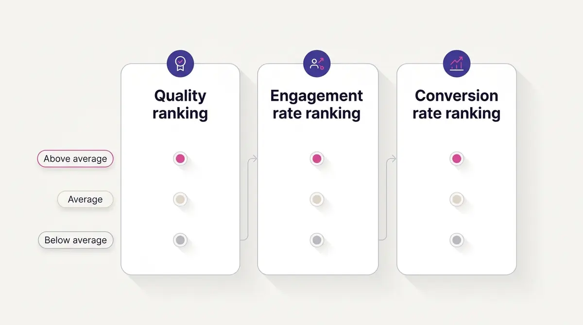 Diagram of a three column relevance diagnostics scorecard showing quality ranking, engagement rate ranking, and conversion rate ranking, each marked above average, average, or below average