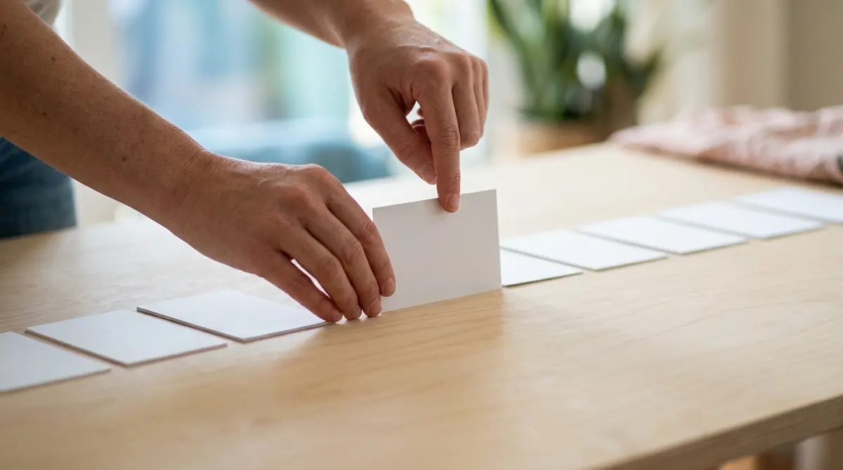 Two hands carefully placing a single new card into an existing row of cards on a clean surface, suggesting a gentle addition rather than a full rebuild