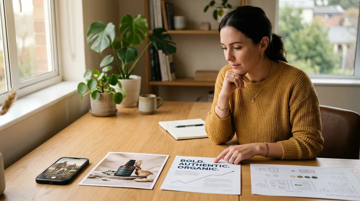 A marketer reviewing several different Facebook ad concepts laid out side by side on a desk, comparing a video frame, a product photo and a text-led layout under warm light