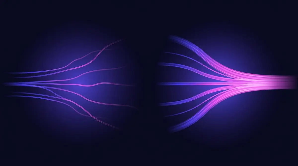 A clean conceptual illustration of one wide funnel collecting many small streams into a single strong flow set against a dark indigo background