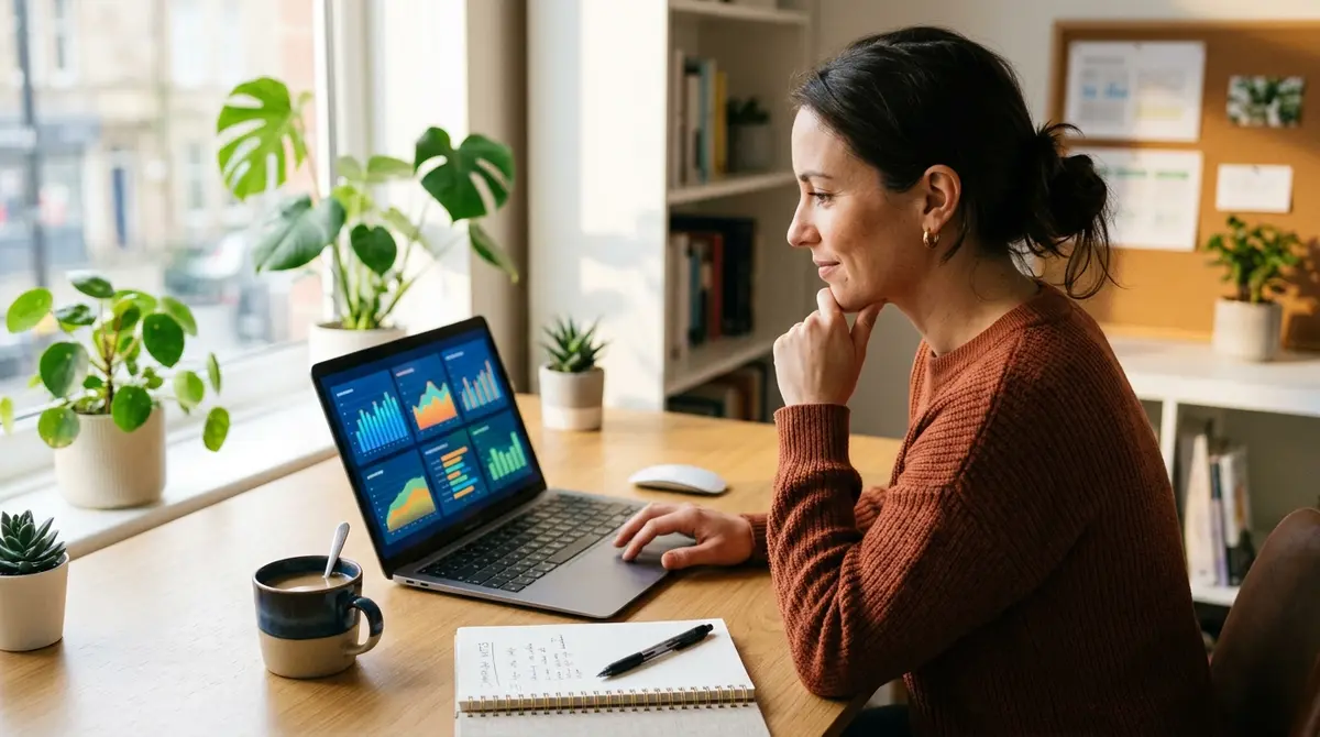 A marketer at a laptop reviewing a Facebook ad campaign dashboard with a coffee cup nearby, calm and focused in soft morning light