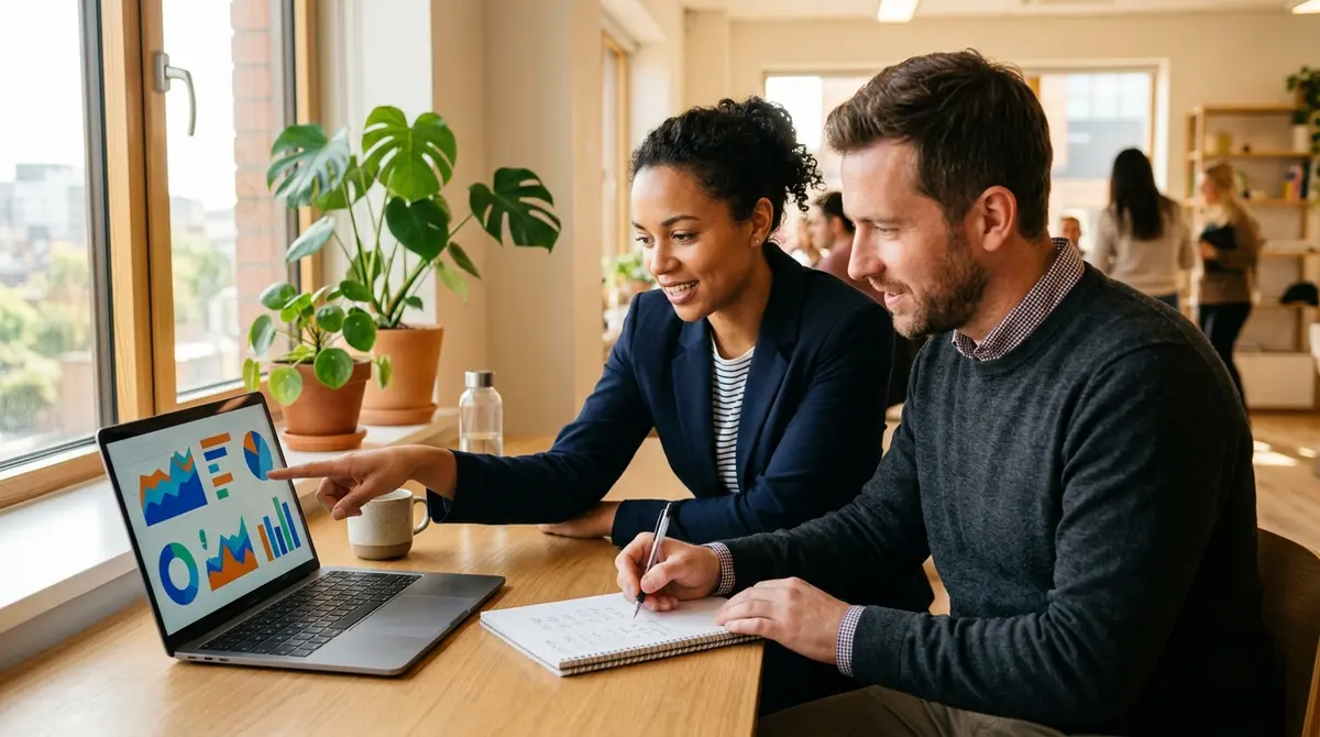 Two people at a desk working through advertising return numbers on a notepad and a laptop, collaborative and focused, in warm natural light