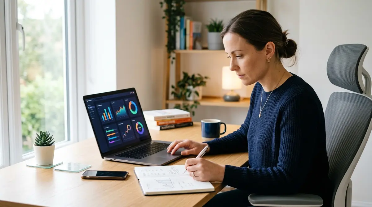 A marketer at a laptop reviewing an advertising results dashboard with revenue and spend figures, calm and focused, working out a return on ad spend by hand