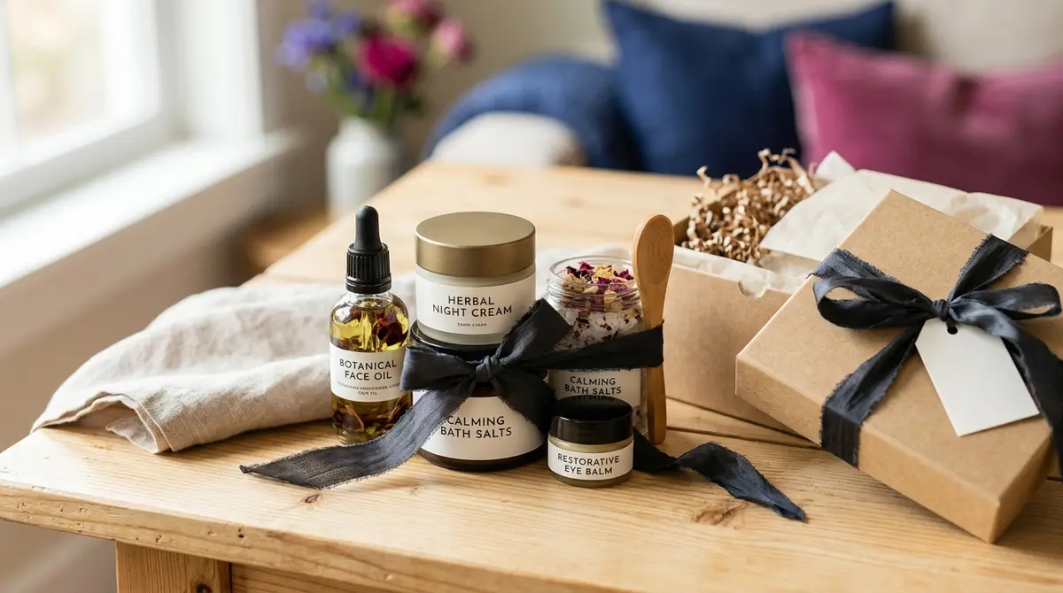 Several skincare and lifestyle products grouped together as a gift bundle on a tabletop