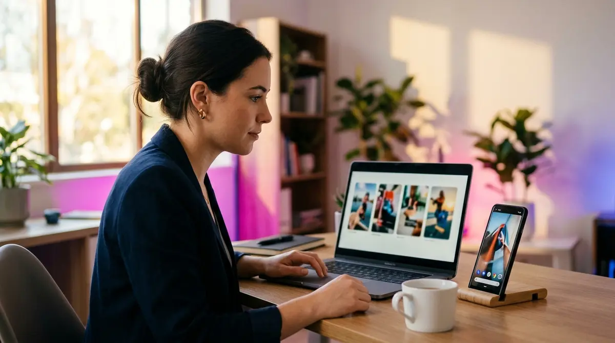 A marketer reviewing several short video ad variations on a laptop and phone side by side