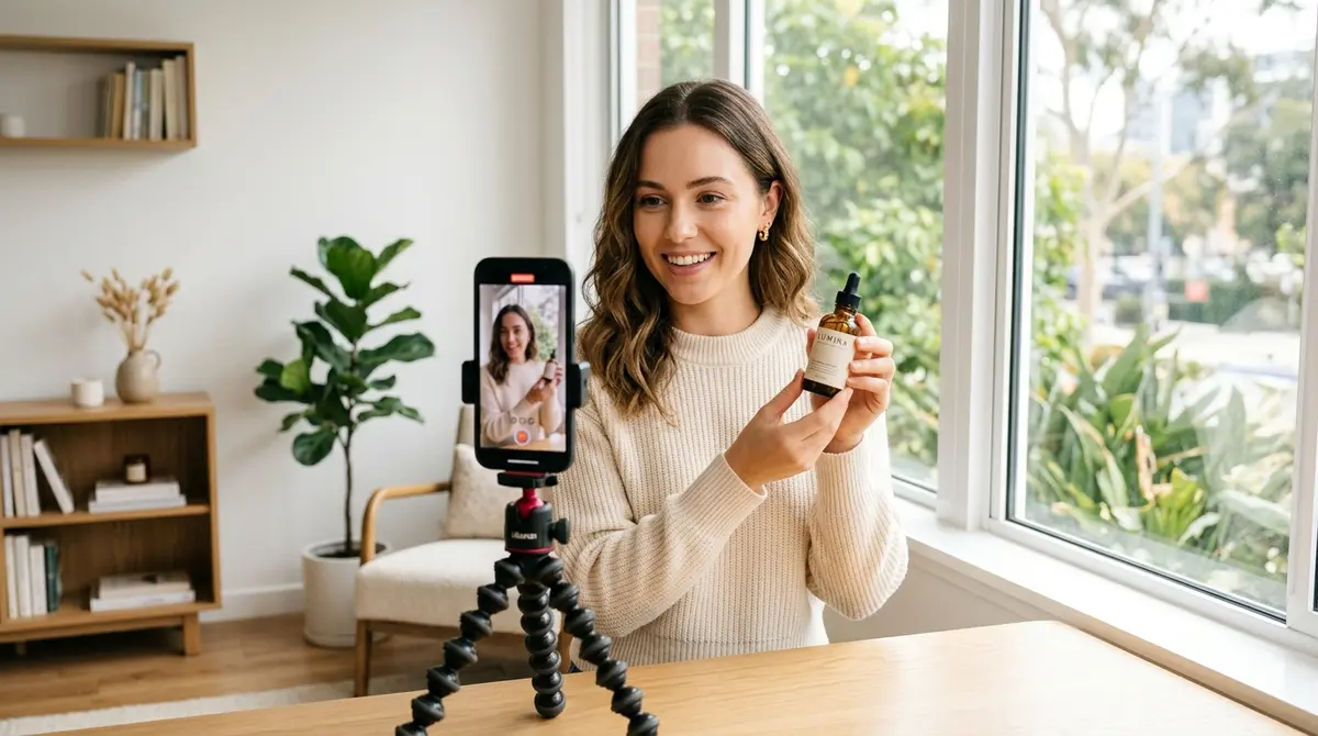 A creator films herself on a phone propped on a small tripod beside a window, holding a product up to the camera in soft natural light, in a tidy minimal room — the no-studio UGC shoot.