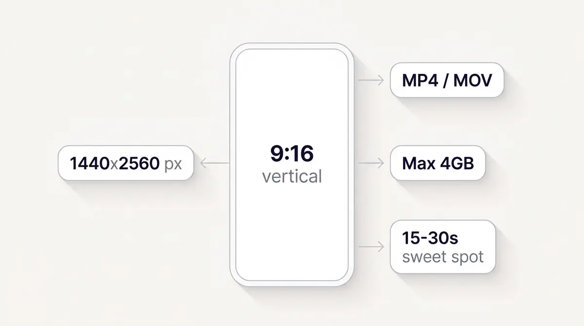Diagram of the Instagram Reels 9:16 vertical frame at 1440x2560 pixels with key spec callouts