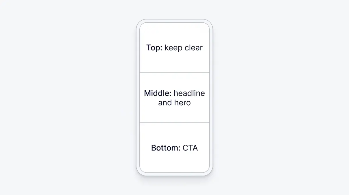 A 9:16 Instagram Stories frame with the top 14% and bottom 20% shaded as do-not-place safe zones, the clear central area marked as the headline and hero region, and the CTA button anchored in the bottom band.