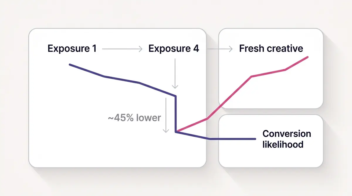 Diagram showing conversion likelihood declining across repeated ad exposures, with a fresh creative resetting the curve back to baseline