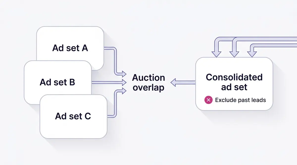 Diagram contrasting three overlapping ad sets competing in the same auction against one consolidated ad set with clean exclusions