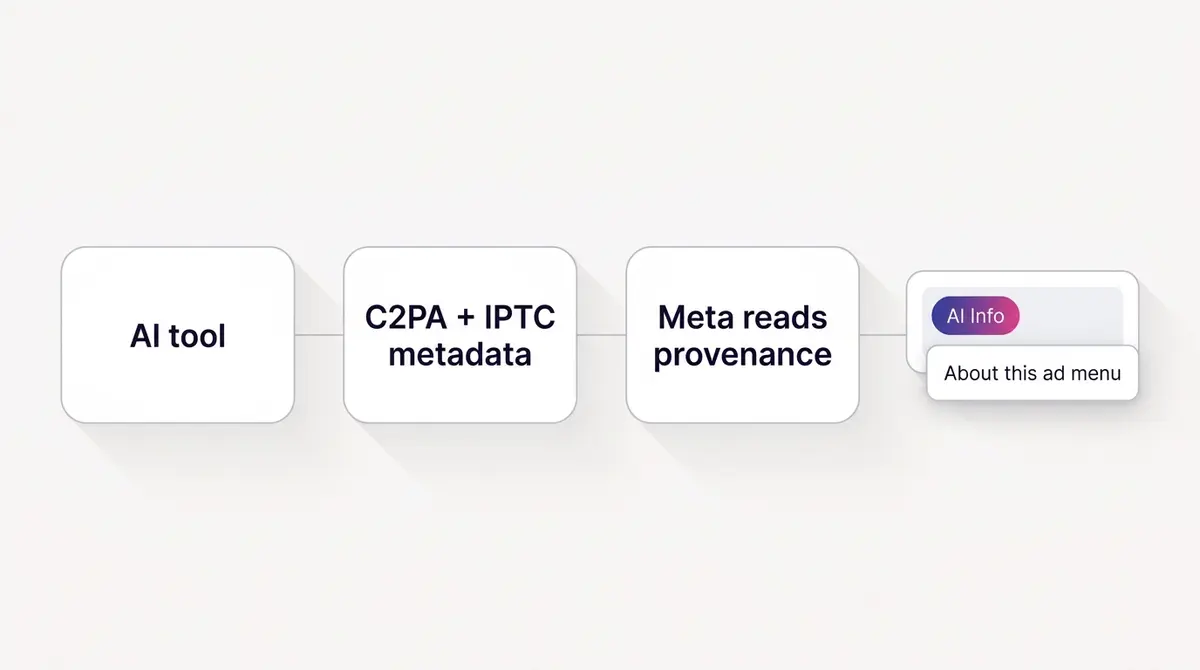Diagram of the AI detection flow from an AI tool embedding C2PA and IPTC provenance metadata, into Meta reading that metadata, out to the AI Info label placement decision