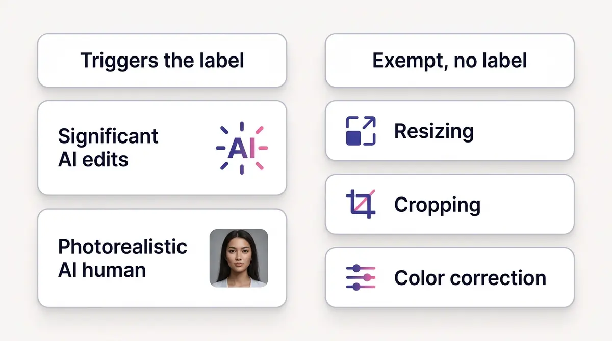 Diagram showing two triggers for the AI Info label, significant AI edits and a photorealistic AI human, on the left and three exempt edits, resizing, cropping and color correction, on the right