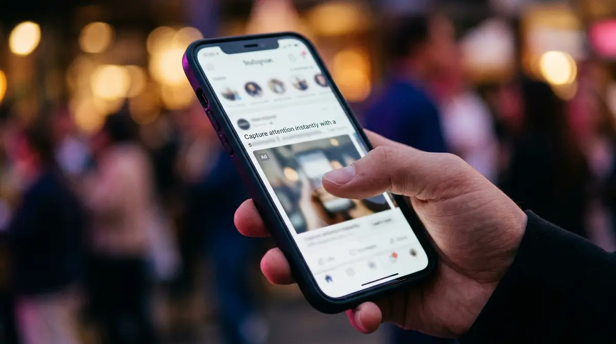 A thumb stopping mid-scroll on a phone showing a Facebook feed ad with the opening line of copy visible above a See More link