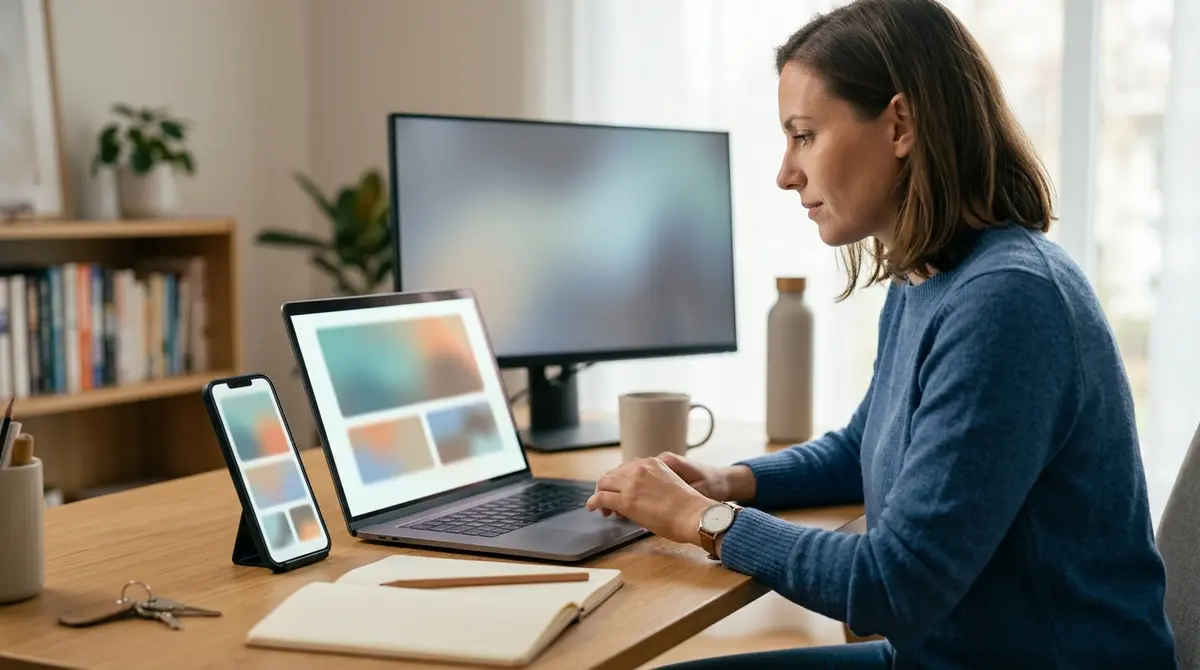 A marketer studying an ad preview on a laptop next to a phone showing the same ad truncated on a mobile feed