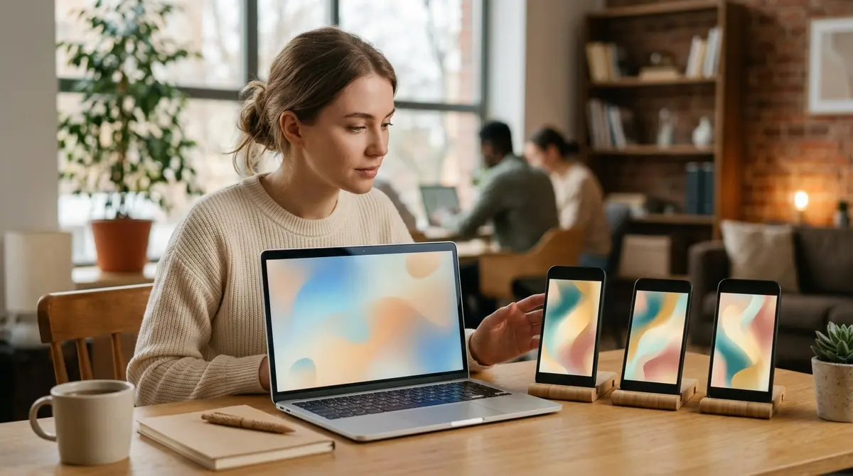 A marketer at a laptop comparing the same vertical video creative previewed on a phone in a feed a Reels surface and a Stories surface side by side