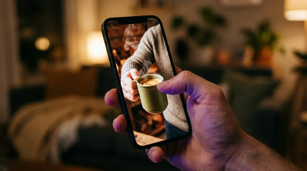 A thumb stopping mid scroll on a phone showing a full screen vertical short video ad in a social feed