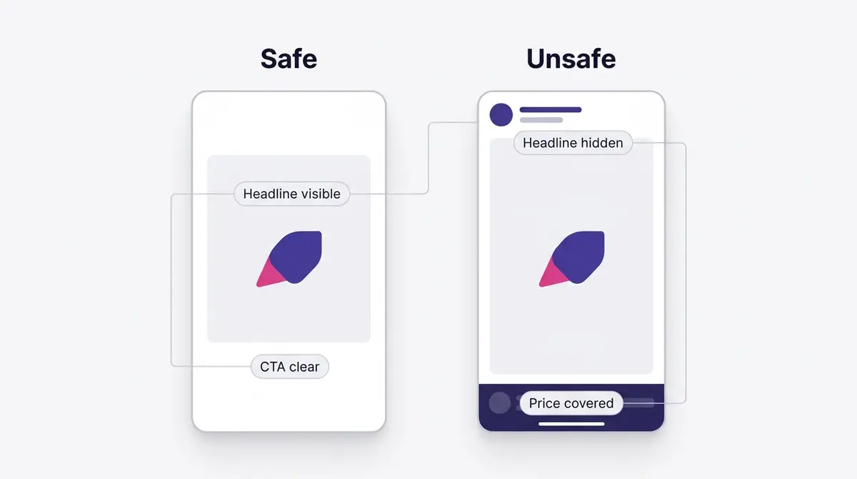 Side by side comparison of the same hero creative correctly placed inside the safe band versus an unsafe version where the headline is hidden by the profile name and the price is covered by the CTA button