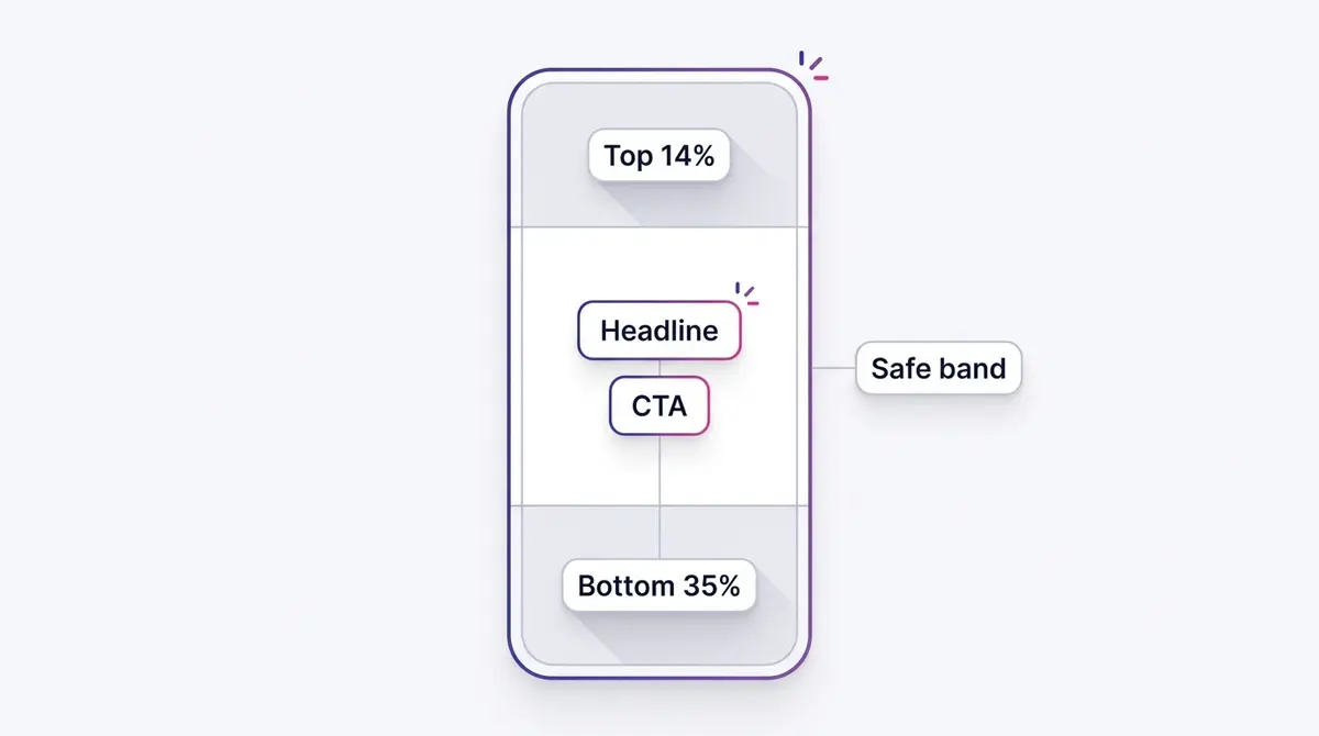Diagram of a 9:16 Meta ad canvas with the top, bottom and side safe zones shaded and the central safe band where the headline, logo and CTA belong
